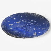 Elegante Royal Blue Silver Glitter Gown Quinceañer Papieren Bordje (Gekanteld)