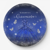 Elegante Royal Blue Silver Glitter Gown Quinceañer Papieren Bordje (Voorkant)
