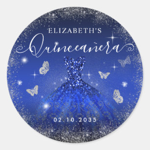 Elegante Royal Blue Silver Glitter Gown Quinceañer Ronde Sticker