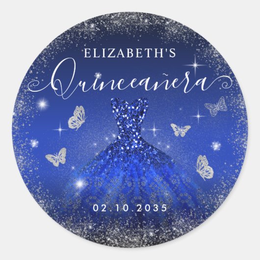 Elegante Royal Blue Silver Glitter Gown Quinceañer Ronde Sticker (Voorkant)