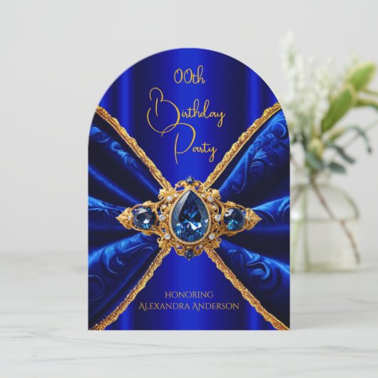Elegante Royal Blue Verjaardag Gouden Juweel Faux Kaart (Staand voorkant)