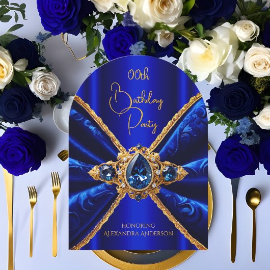 Elegante Royal Blue Verjaardag Gouden Juweel Faux  Kaart
