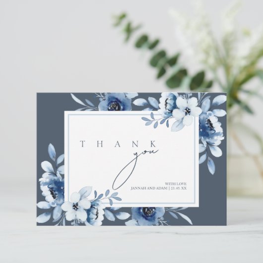 Elegante Royal Blue weelde bloemenbruiloft Bedankkaart (Staand voorkant)