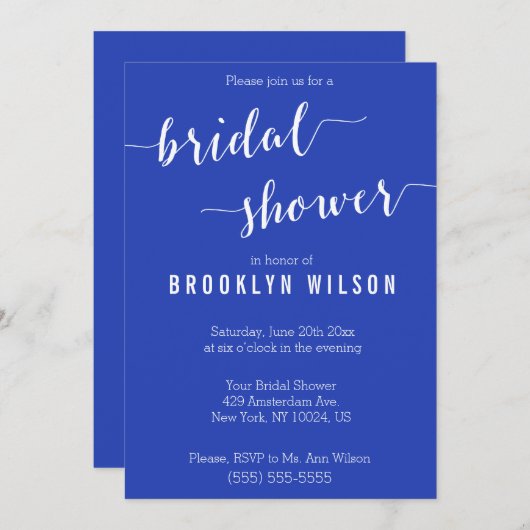 Elegante Royal Blue Witte Bruidsfeest Uitnodiginge Kaart (Voorkant / Achterkant)