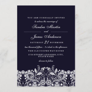 Elegante Royal Blue Witte Kanten Trouw Uitnodiging