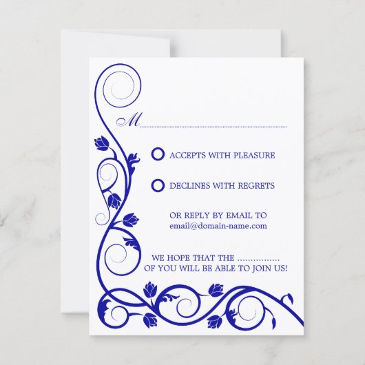 Elegante Royal Blue Witte Krullen RSVP / Antwoordk (Achterkant)