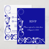 Elegante Royal Blue Witte Krullen RSVP / Antwoordk (Voorkant / Achterkant)