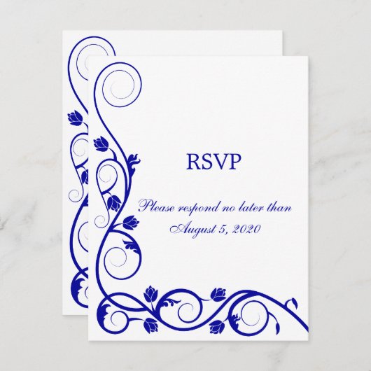 Elegante Royal Blue Witte Krullen RSVP / Antwoordk Kaart (Voorkant / Achterkant)