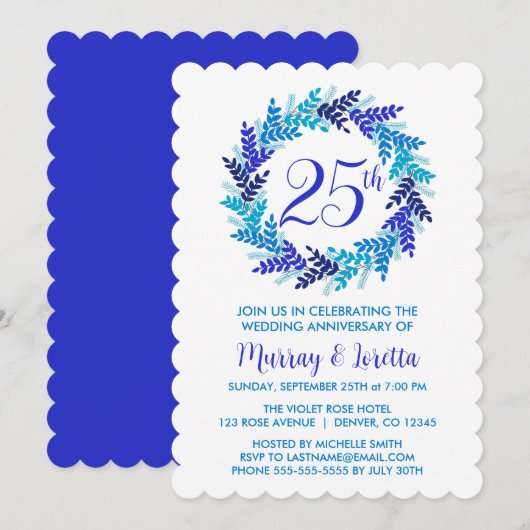 Elegante Royal Blue Wreath 25th Wedding Jubileum Kaart (Voorkant / Achterkant)