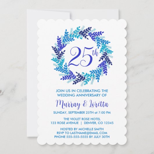 Elegante Royal Blue Wreath 25th Wedding Jubileum Kaart (Voorkant)