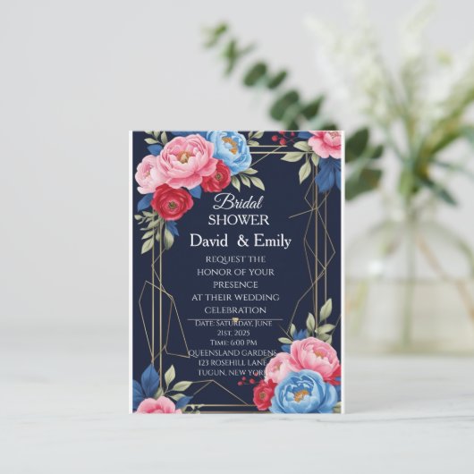 Elegante Royal Floral bruiloft uitnodiging (Staand voorkant)