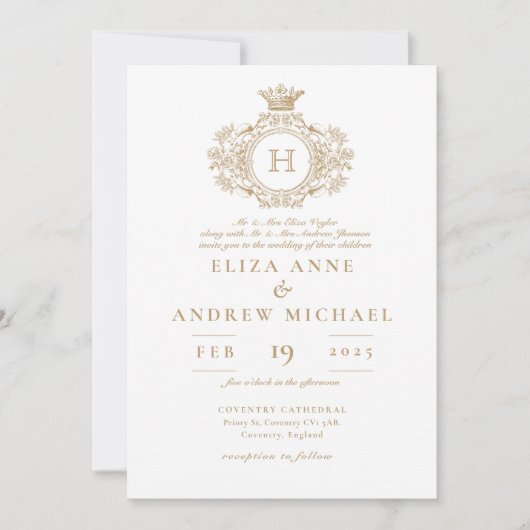 Elegante Royal Gold Monogram Crest Wedding Kaart (Voorkant)