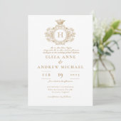 Elegante Royal Gold Monogram Crest Wedding Kaart (Staand voorkant)