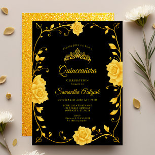 Elegante Royal Golden Floral Quinceañera Kaart