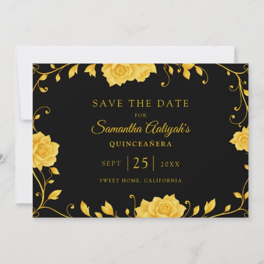 Elegante Royal Golden Floral Quinceanera Save The Date (Voorkant)