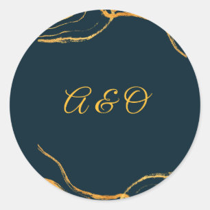 Elegante Royal Navy Blauwe en Gouden Trouwsticker Ronde Sticker