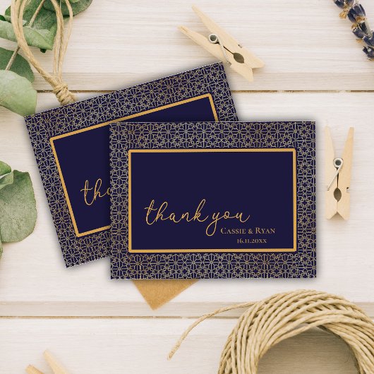 Elegante Royal Navy Gold Design Wedding Bedankt Briefkaart