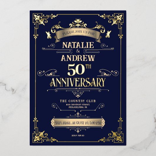 Elegante Royal Navy Goud Glamoureuze Glitter Folie Folie Uitnodiging (Voorkant)