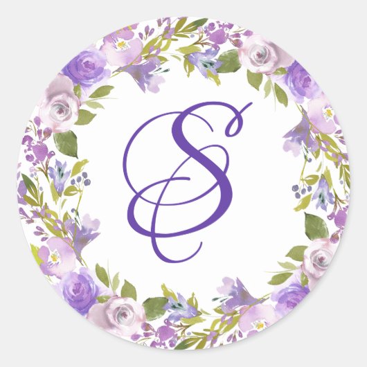 Elegante Royal Paarse Floral Monogram Envelop Seal Ronde Sticker (Voorkant)