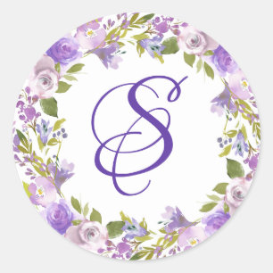 Elegante Royal Paarse Floral Monogram Envelop Seal Ronde Sticker
