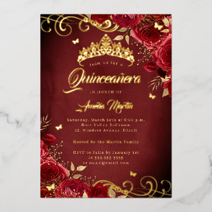 Elegante Royal Red Rose Gold Swirl Quinceanera Folie Uitnodiging