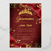 Elegante Royal Red Rose Gold Swirl Quinceanera Folie Uitnodiging (Voorkant)