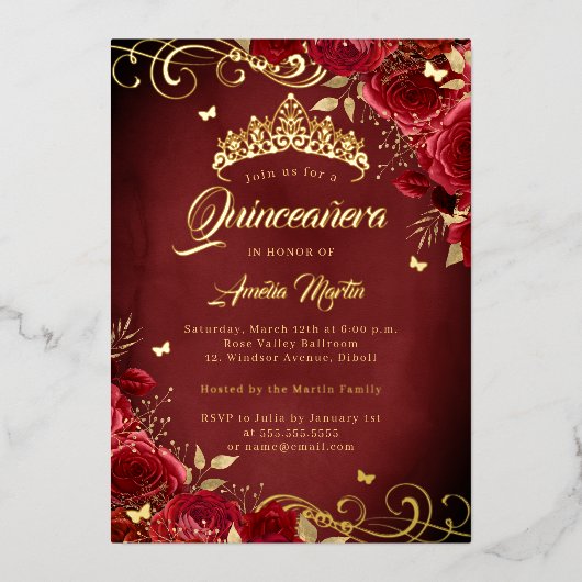 Elegante Royal Red Rose Gold Swirl Quinceanera Folie Uitnodiging (Voorkant)