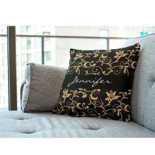 Elegante Royal Zwart en Goud Damast Worp Kussen