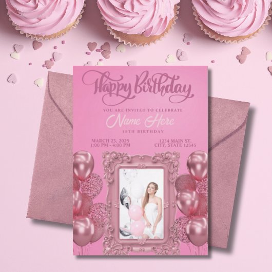 Elegante Roze Aangepaste Foto Tiener Verjaardag Kaart