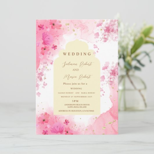 Elegante Roze Aardse Kleur Bloemen Indische Bruilo Kaart (Staand voorkant)