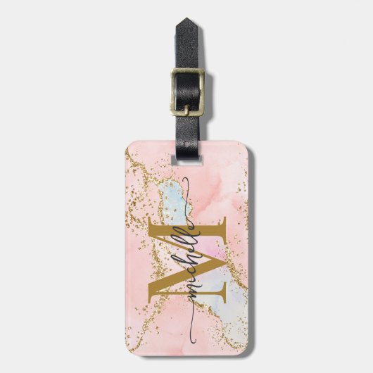 Elegante roze agaat monogram initiaal script bagagelabel (Voorkant verticaal)