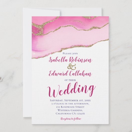 Elegante Roze Agaat Stone Goud Inlay bruiloft Kaart (Voorkant)