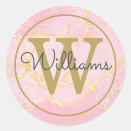 Elegante Roze Agate Geode Gouden Monogram Schrift Ronde Sticker