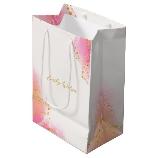 Elegante Roze Alcohol Inkt Goud Glitter Feest Medium Cadeauzakje (Voorkant Gekanteld)