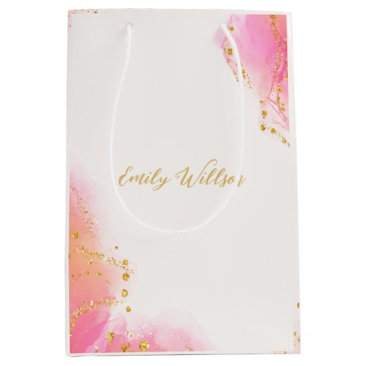 Elegante Roze Alcolol Inkt Gouden Glitter Party Medium Cadeauzakje (Voorkant)