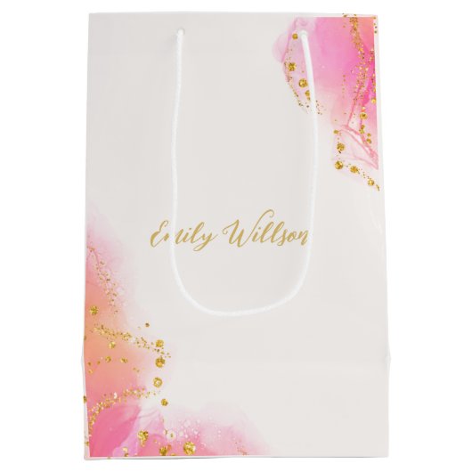 Elegante Roze Alcolol Inkt Gouden Glitter Party Medium Cadeauzakje (Achterkant)