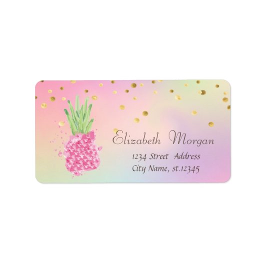 Elegante Roze Ananas Confetti Holografisch Etiket (Voorkant)