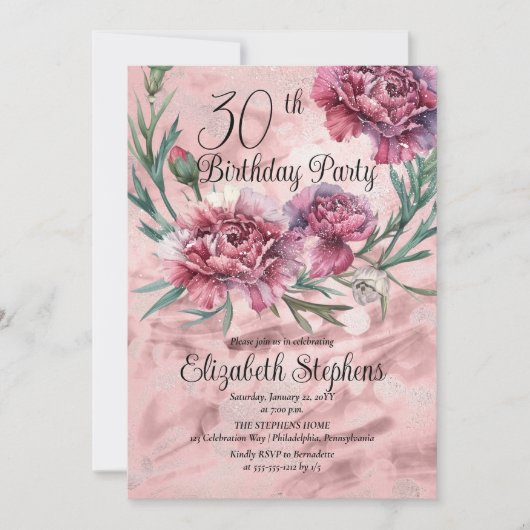 Elegante Roze Anjers 30ste Verjaardag Party Kaart (Voorkant)