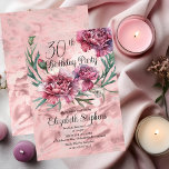 Elegante Roze Anjers 30ste Verjaardag Party Kaart<br><div class="desc">Elegant roze,  mauve en bordeauxrode anjers bloemontwerp "30th Birthday Party" ontwerp met een bloemige open-einde krans van wit-bevroren anjers.</div>