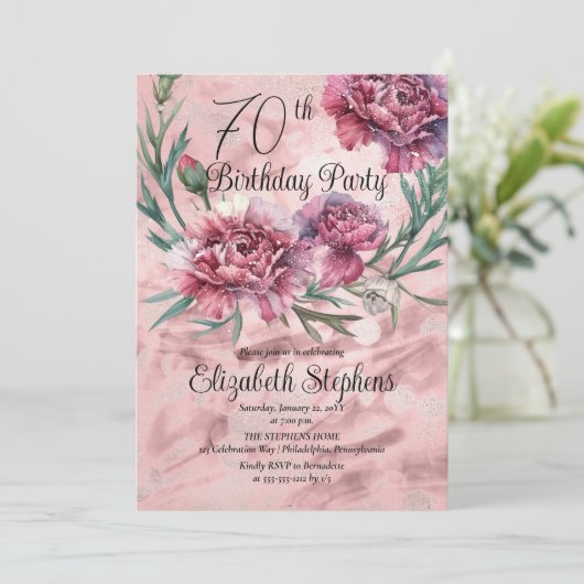 Elegante Roze Anjers 70ste Verjaardag Party Kaart (Staand voorkant)