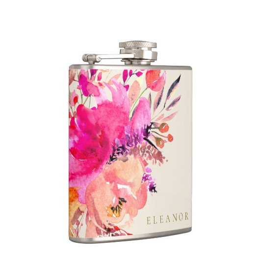 Elegante Roze Aquarel Bloem Custom Bruidsfeestje Heupfles (Rechts)