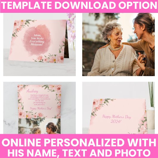 Elegante Roze Aquarel Bloem Moederdag Kaart