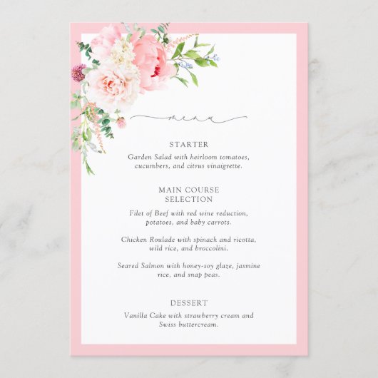 Elegante Roze Aquarel Bloemen Bruidsdiner Menu (Voorkant)