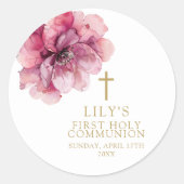 Elegante Roze Aquarel Bloemense Eerste Heilige Com Ronde Sticker (Voorkant)