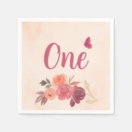 Elegante Roze Aquarel Bloemige Eerste Verjaardag  Servet