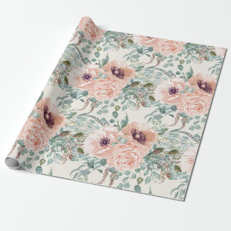 Elegante Roze Aquarel Bloemige Salie Groene Blader Cadeaupapier