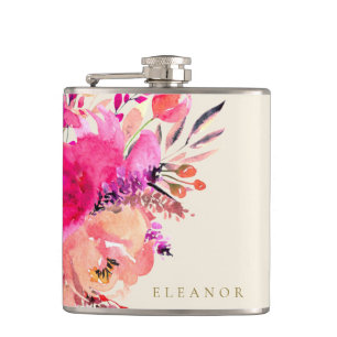 Elegante Roze Aquarel Bloemstuk Bruidsfeest Heupfles