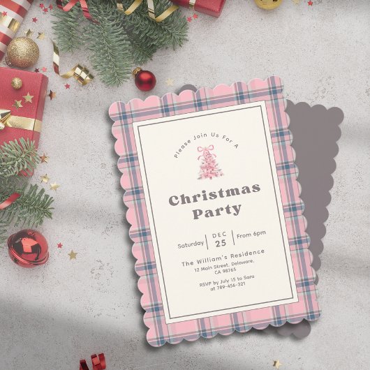 Elegante Roze Aquarel Boom Plaid Kerstfeest Party Kaart
