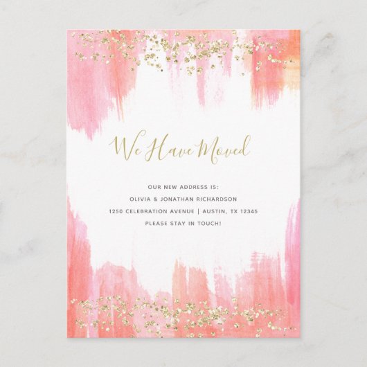 Elegante Roze Aquarel en Goud | Nieuw Adres Aankondigingskaart (Voorkant)