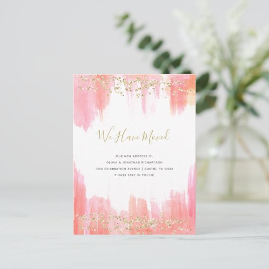 Elegante Roze Aquarel en Goud | Nieuw Adres Aankondigingskaart (Staand voorkant)